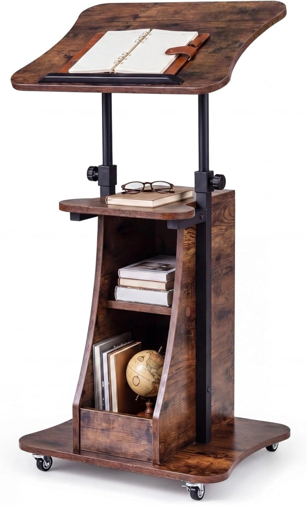 KOMFOTTEU Tavolino da Laptop Regolabile in Altezza 72-112cm con Ruote Universali, Piano Reclinabile, Ripiano Aperto e 2 Vani Portaoggetti, Scrivania per Computer Porta PC per Aula, Ufficio