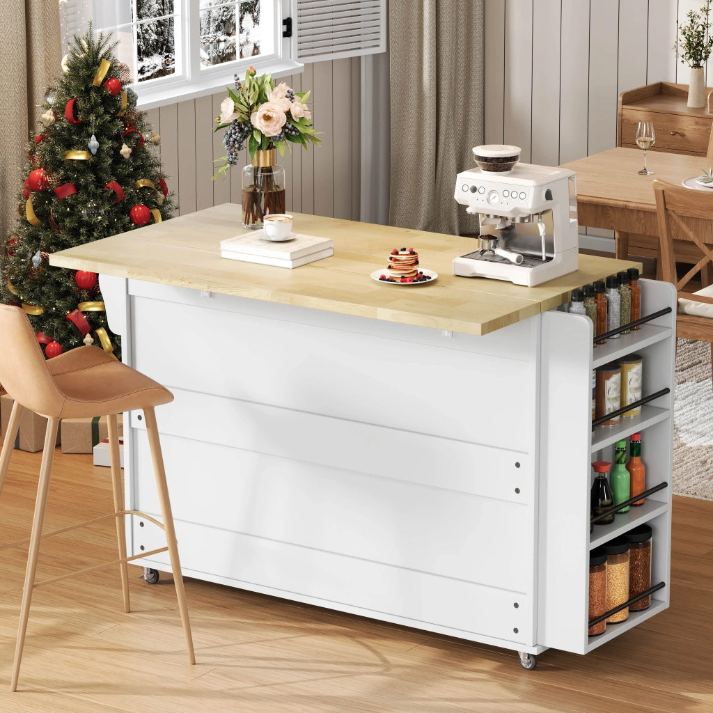 Carrello da Cucina con 2 Ante in Vetro; 2 Cassetti; Piano Ribaltabile e 5 Ruote; in MDF; 120 x 45(70) x 90 cm