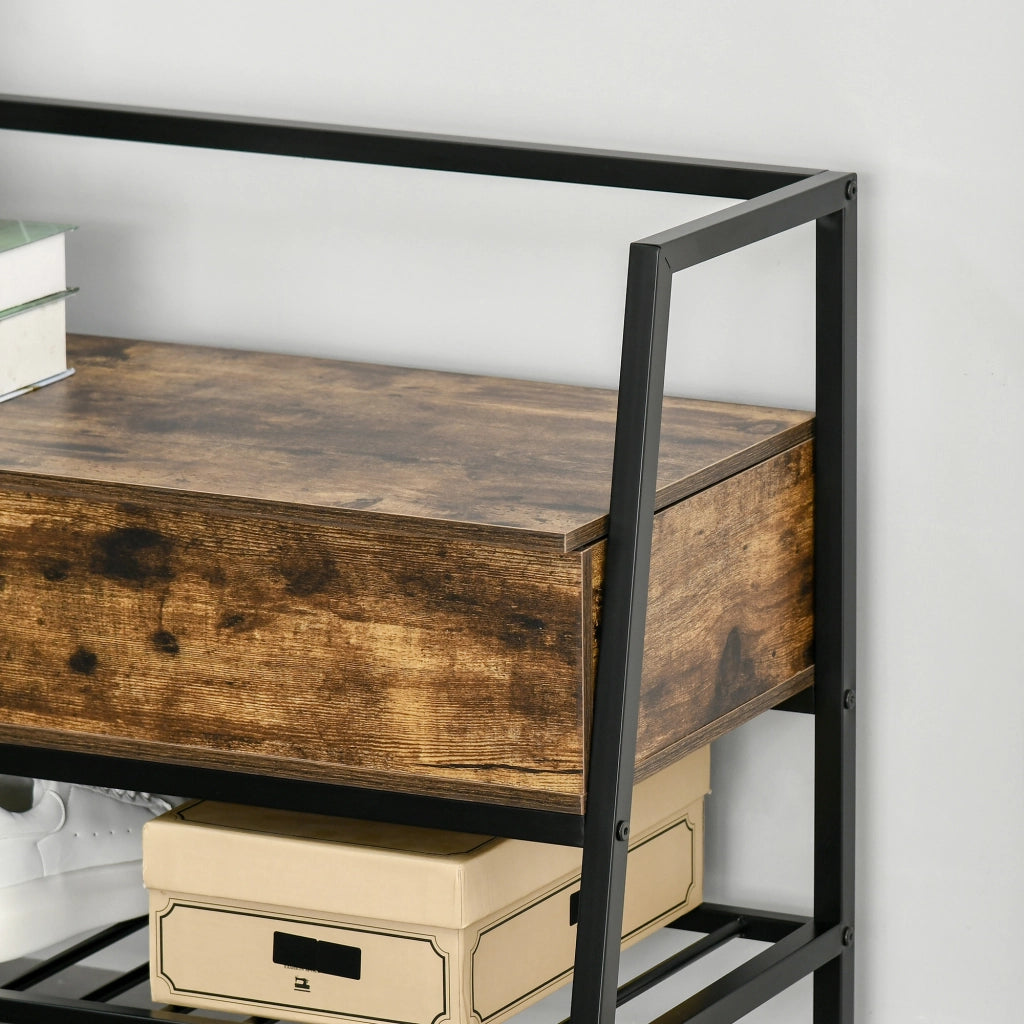 Mobile Scarpiera con Vano e Panca in Stile Industriale ¨C zephmum ¨C Legno e Metallo, Marrone Rustico, 90x37x60cm