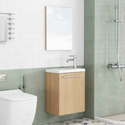 Mobiletto da bagno a parete con lavabo in ceramica e specchio, maniglie in metallo, cerniere con chiusura ammortizzata, completamente preassemblato,