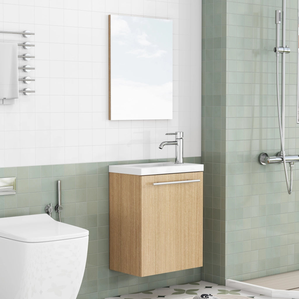 Mobiletto da bagno a parete con lavabo in ceramica e specchio, maniglie in metallo, cerniere con chiusura ammortizzata, completamente preassemblato,
