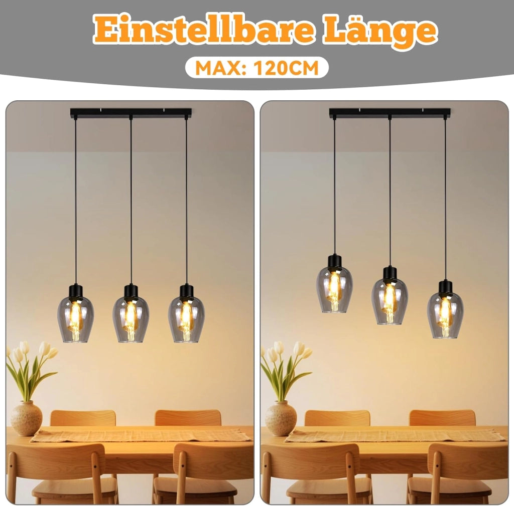 ZMH Lampada a Sospensione 3 Luci Vintage Retro Vetro Fum¨¦ E27 per Sala da Pranzo Cucina Hotel Soggiorno Senza Lampadina