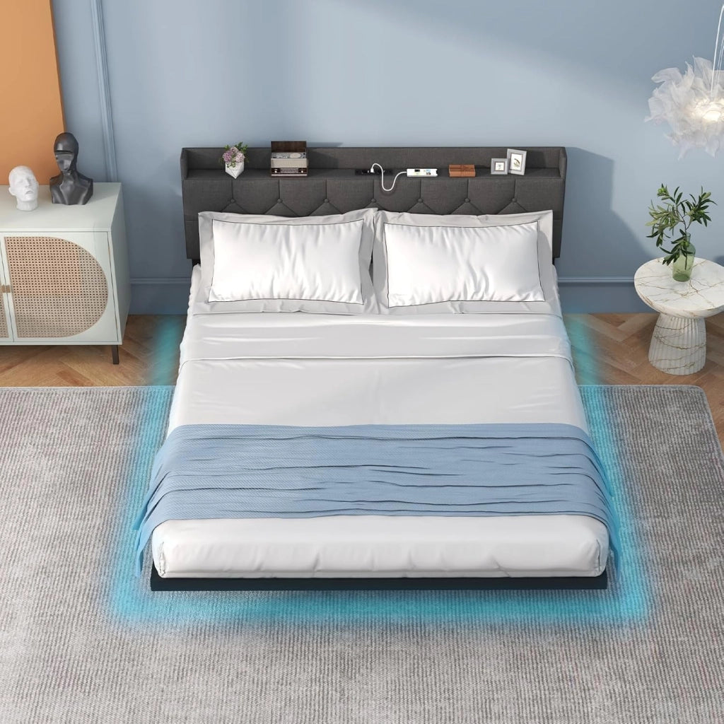 Letto Matrimoniale 160 x 200 cm Testiera con Luci LED ，Struttura Letto a Doghe Carico 300 kg，Letto con Struttura Moderno，Senza Materasso，Nero