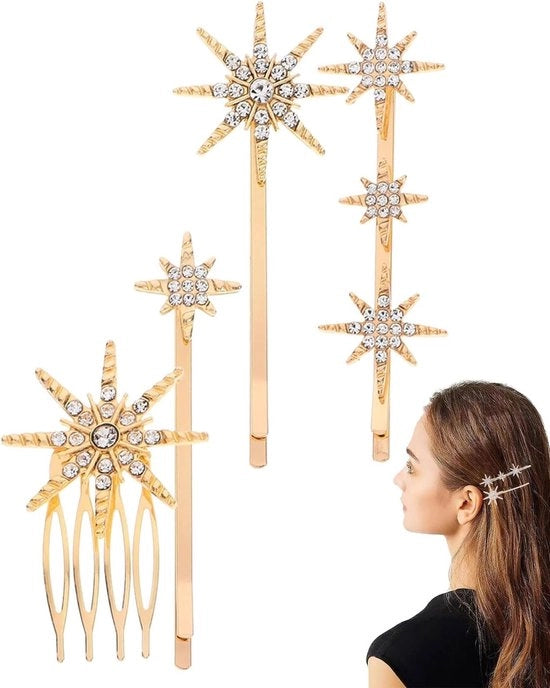 Spille per capelli femminili premium - Set da 4 - Strass - Spille per capelli da sposa - Stile bohemiano - Colore dorato