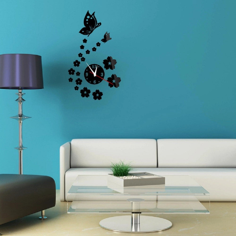 Trade Shop - Specchio Parete Adesivi 3d Orologio Motivo Farfalla Fiore Soggiorno Decorazione -