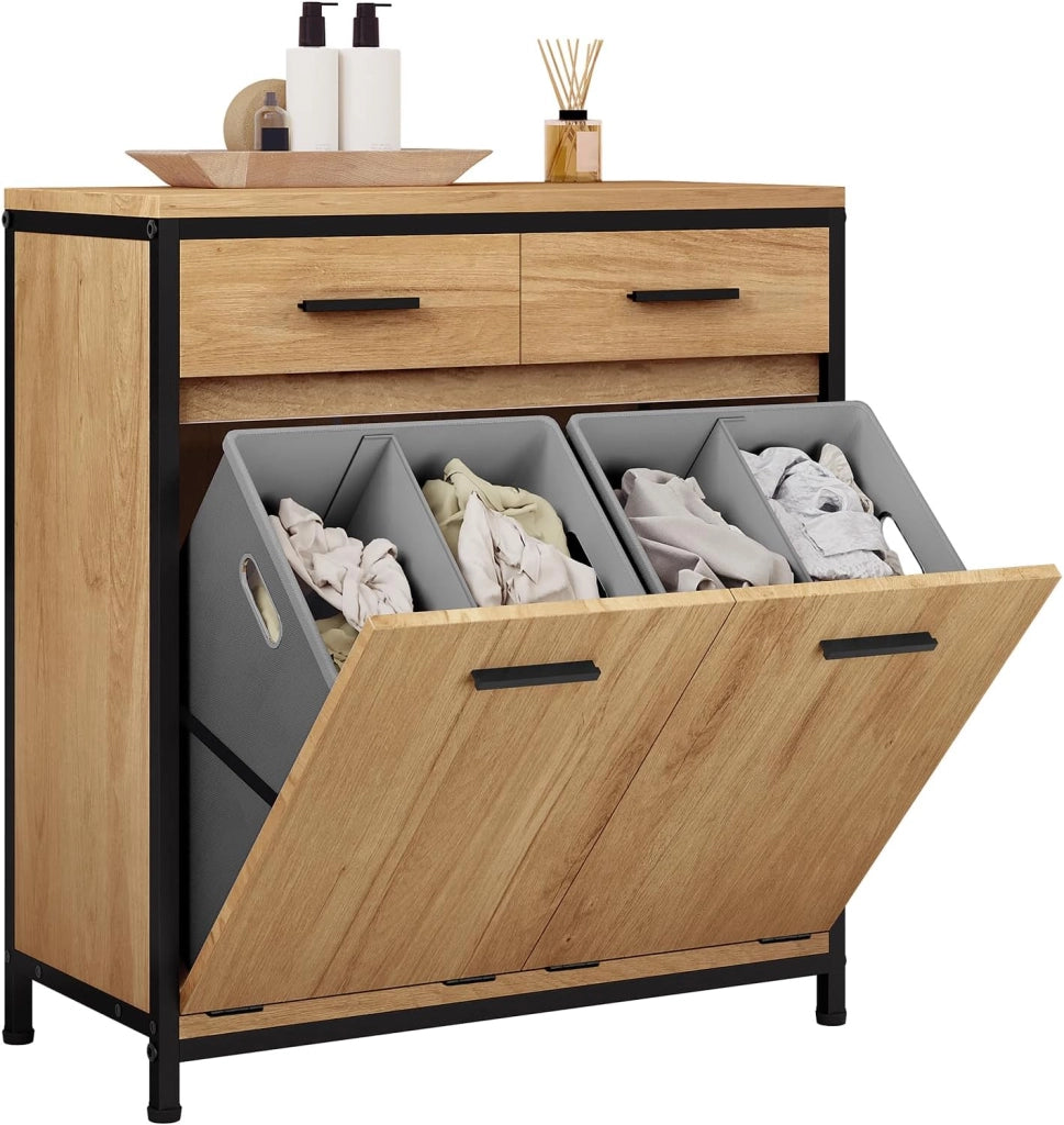 Mobile da Bagno con 2 Cassetti e 2 Sacchi per la Biancheria, in MDF con Struttura in Metallo, Rovere Chiaro + Nero, 72,5x34x80 cm