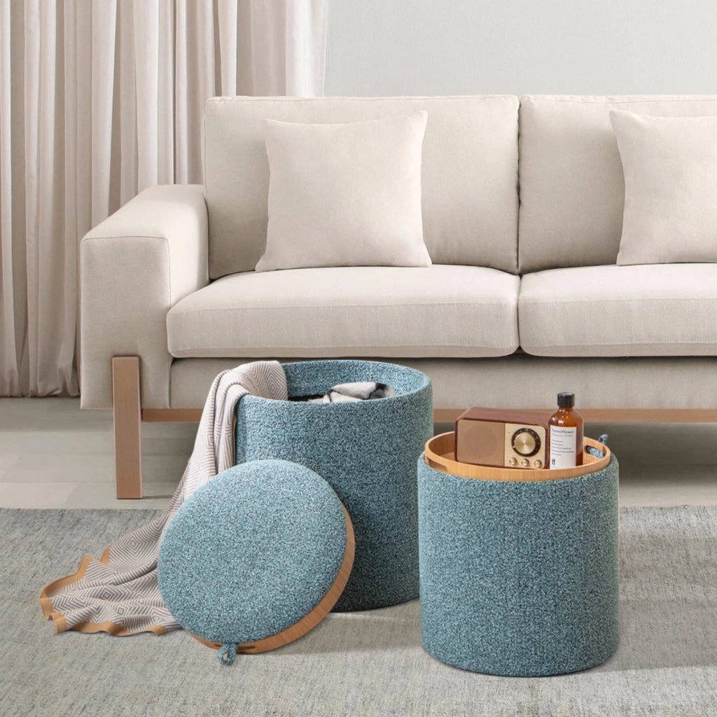 Set di 2 pouf rotondi con vassoio reversibile e stoccaggio nascosto-Pouf contenitore imbottito multifunzionale Blu