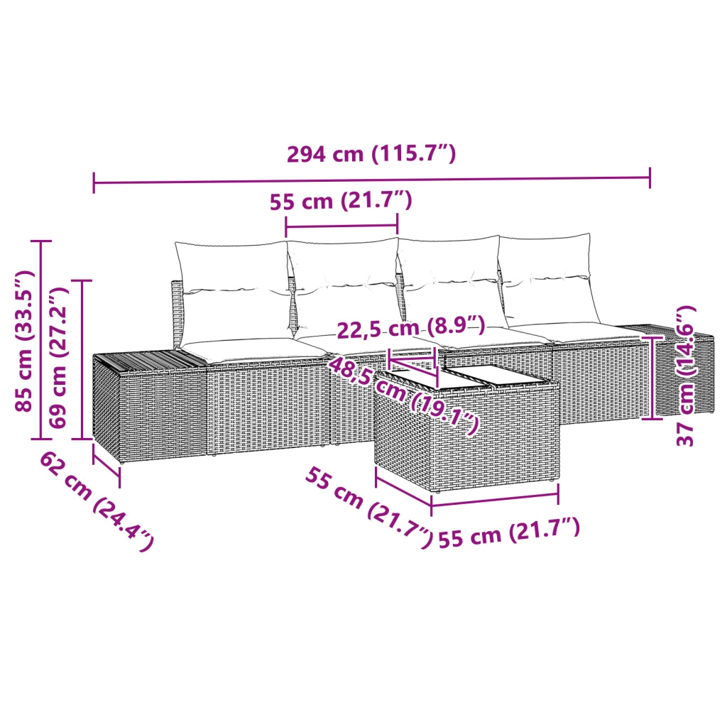 Set Divano da Giardino 5 Pezzi con Cuscini Grigio Chiaro Polyrattan