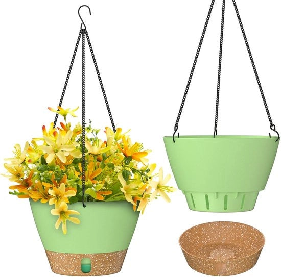 Sistema di Sospensione per Piante - Set di 2 - con Livello di Acqua Visibile - Cassetta - Fori di Draining - Auto-Sostentamento - Piatto Removibile - per Interno - Esterno - Poliuretano - 25x25x58cm - Verde
