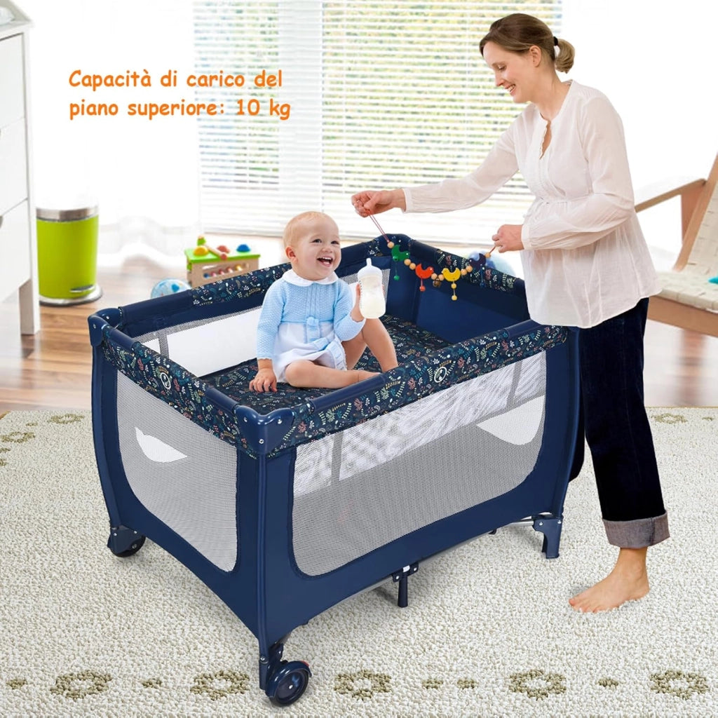 Lettino da Campeggio con Materasso, Lettino per Bambini Pieghevole, Culla da Viaggio Portatile con 2 Ruote, Per Bambini 0-36 Mesi, 125 x 65 x 76 cm (Blu)