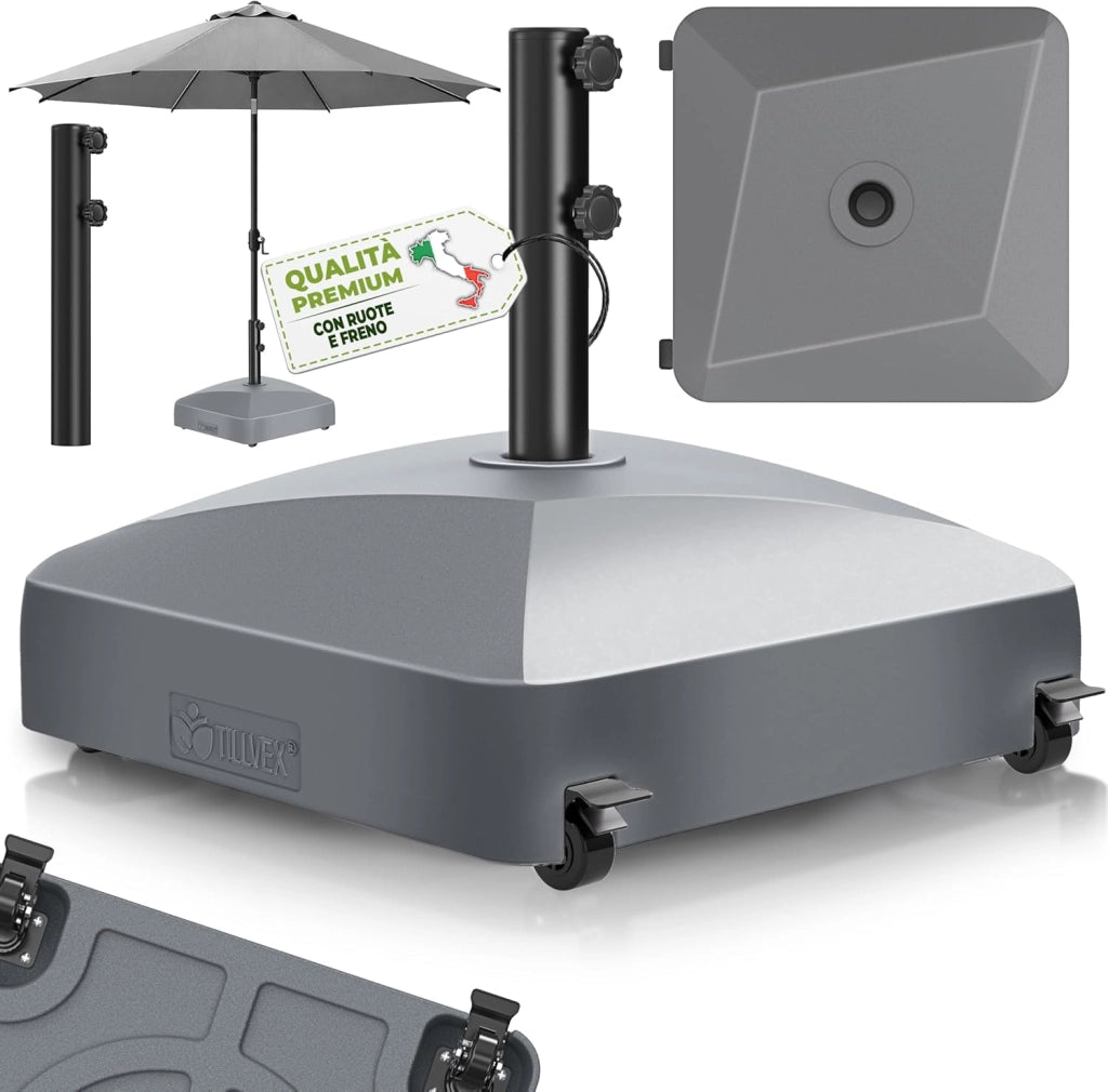 tillvex® Base per ombrellone GRAVIA e Ruote e Freni | Zavorra ombrellone riempibile 37L/56kg | Piedistallo per ombrelloni Giardino e Mercato Ø1,8-3,7m | Resistente a intemperie e UV (Antracite)