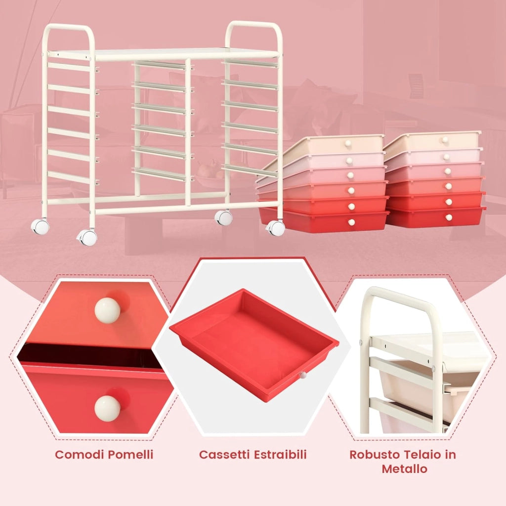 Carrello di Stoccaggio con 12 Cassetti, Carrello portaoggetti con 4 Ruote, Carrello Multiuso per Scuola Ufficio Cucina, 64 x 38 x 62 cm (12 cassetti Rosa sfumato)