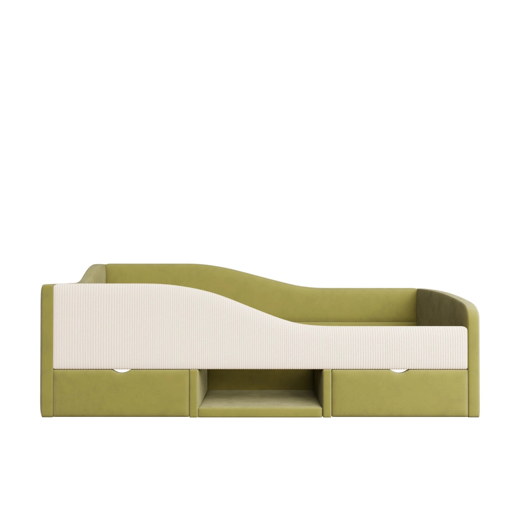 Letto per bambini 90 × 190 cm con due cassetti, sponde di sicurezza et vano portaoggetti, senza materasso, verde e avorio