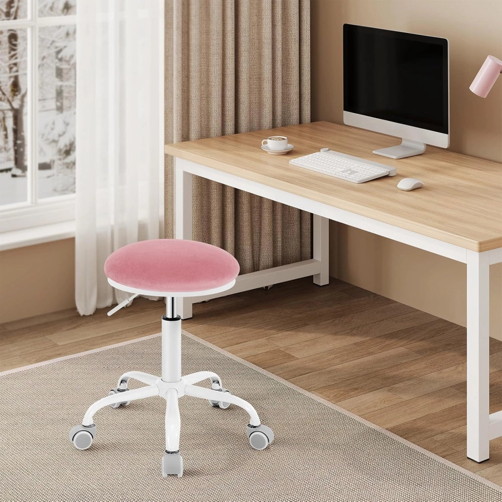 Sedia da Ufficio Regolabile in Altezza, Sgabello Girevole a 360°con Rotelle, Sedia da Trucco per Camera da Letto Studio Soggiorno Cucina, 45,5-57,5 cm, Velluto, Rosa, 0177BGY
