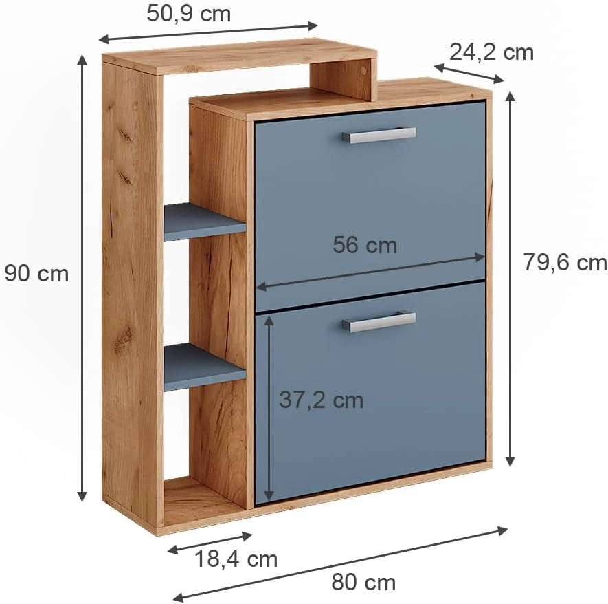 Scarpiera Orlando, Goldkraft rovere/blu, 80 x 90 cm, con due ripiani ribaltabili per riporre le scarpe in modo salvaspazio