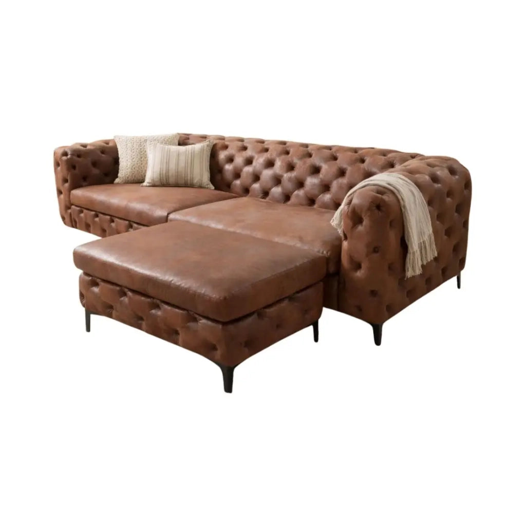 Divano destro VELENA marrone con pouf – Divano barocco in microfibra con struttura in legno massiccio