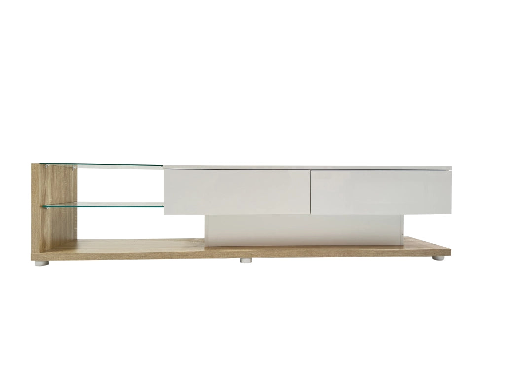 Mobile porta tv con due cassetti e due ripiani in vetro, LED regolabile via app, bianco lucido e legno, 170 × 36 × 38 cm