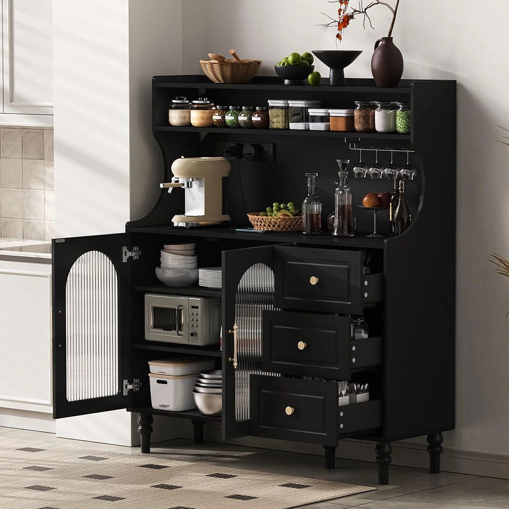 Armadio alto per cucina e soggiorno - Xylo - Nero - Prese elettriche, tiroir, porta-bicchieri