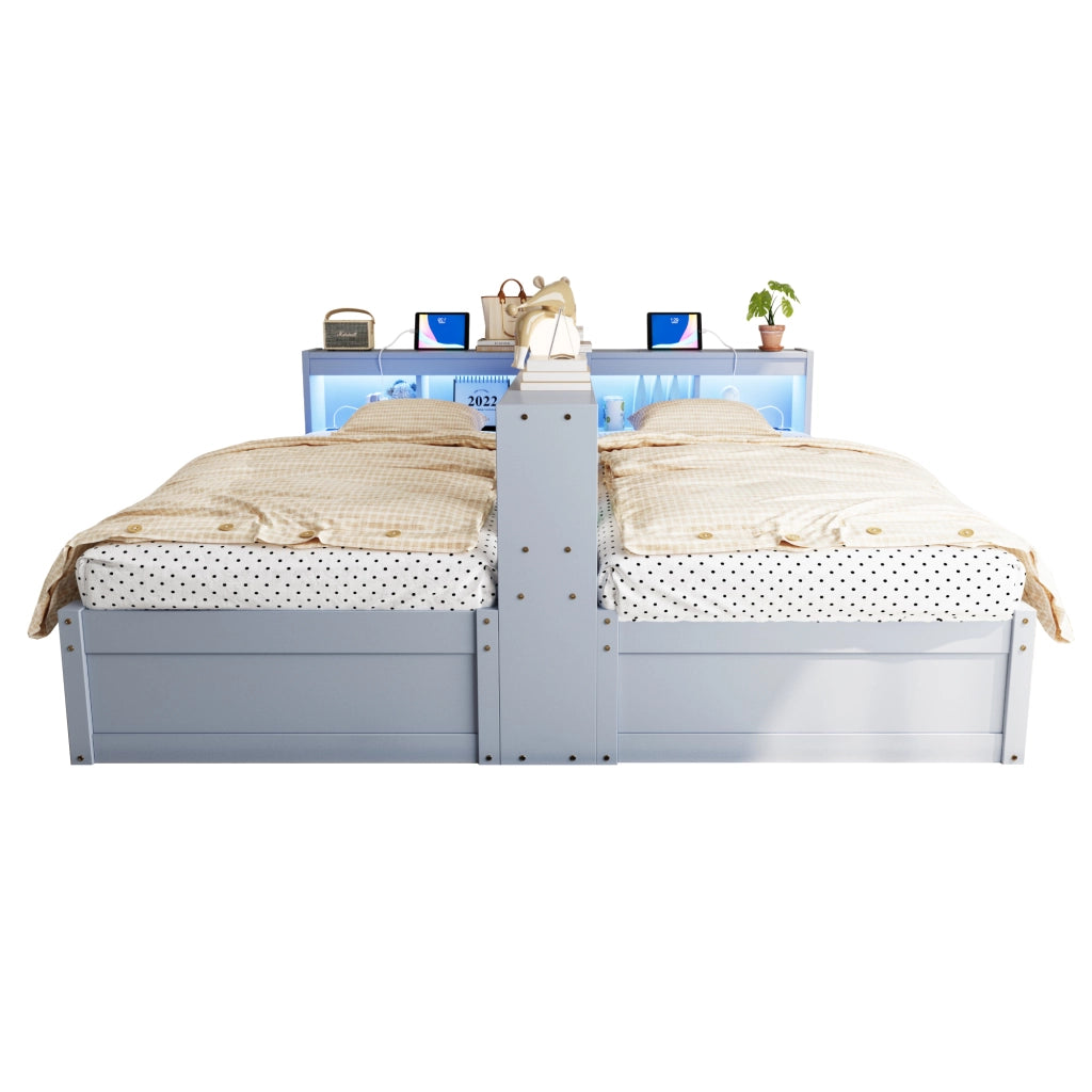 Letto matrimoniale 180×200 cm e 90×200 cm con presa; LED e contenitore; senza materasso; MDF; grigio