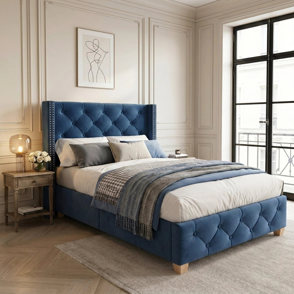 LETTO imbottito 90x200 cm in velluto blu con rete a doghe