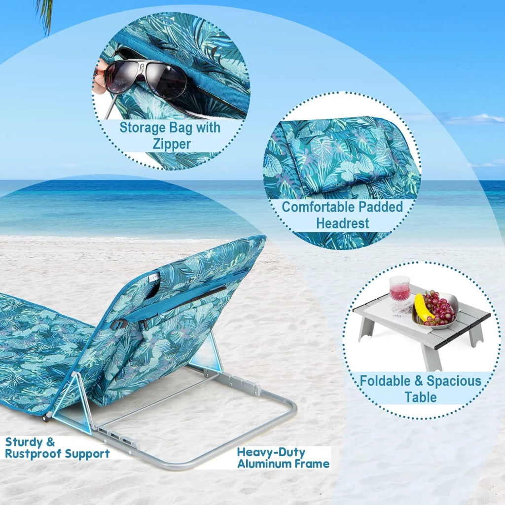 Set di 2 Materassi da Spiaggia Pieghevoli e Tavolino, Sedie a Sdraio da Spiaggia Regolabili in 5 Posizioni con Poggiatesta Rimovibile, Tasca per Giardino, Campeggio (Verde)