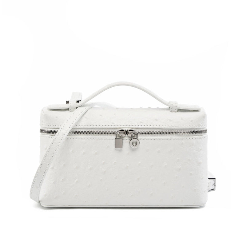 Borsa per il trucco da donna in vera pelle, utilizzabile a tracolla o a spalla, colore bianco.