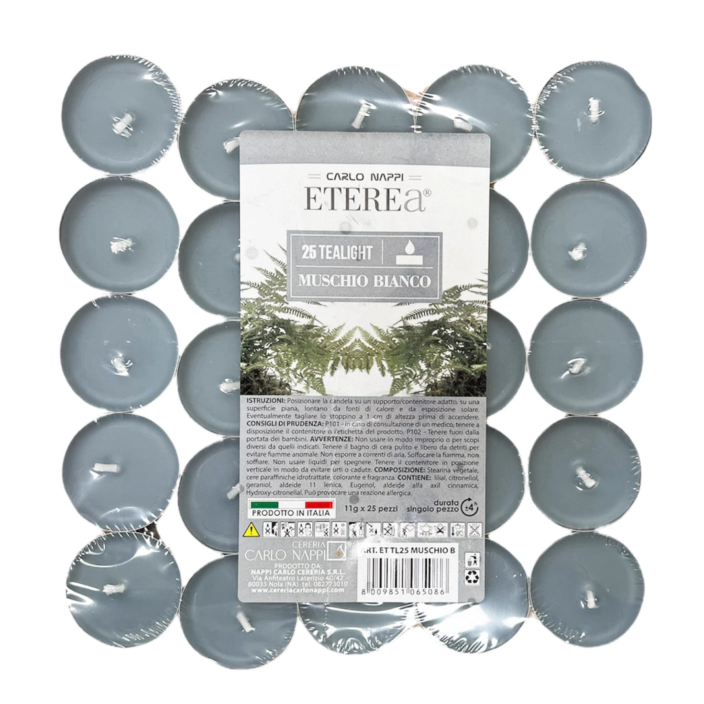 TEA LIGHT PROFUMATE AL MUSCHIO BIANCO IN CONFEZIONE DA 25 PEZZI