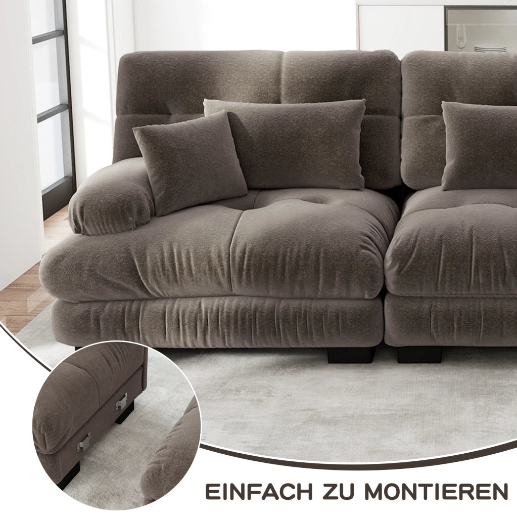 Divano modulare 220x77x81 cm in chenille marrone con cuscini lombari e decorativi