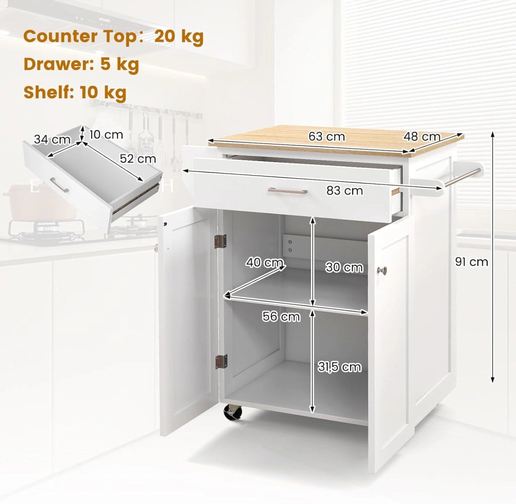Carrello da cucina con piano di lavoro, carrello da portata con ruote, armadio da cucina con cassetto e ripiano regolabile, carrello da cucina con portasciugamani, mobile da cucina, in legno