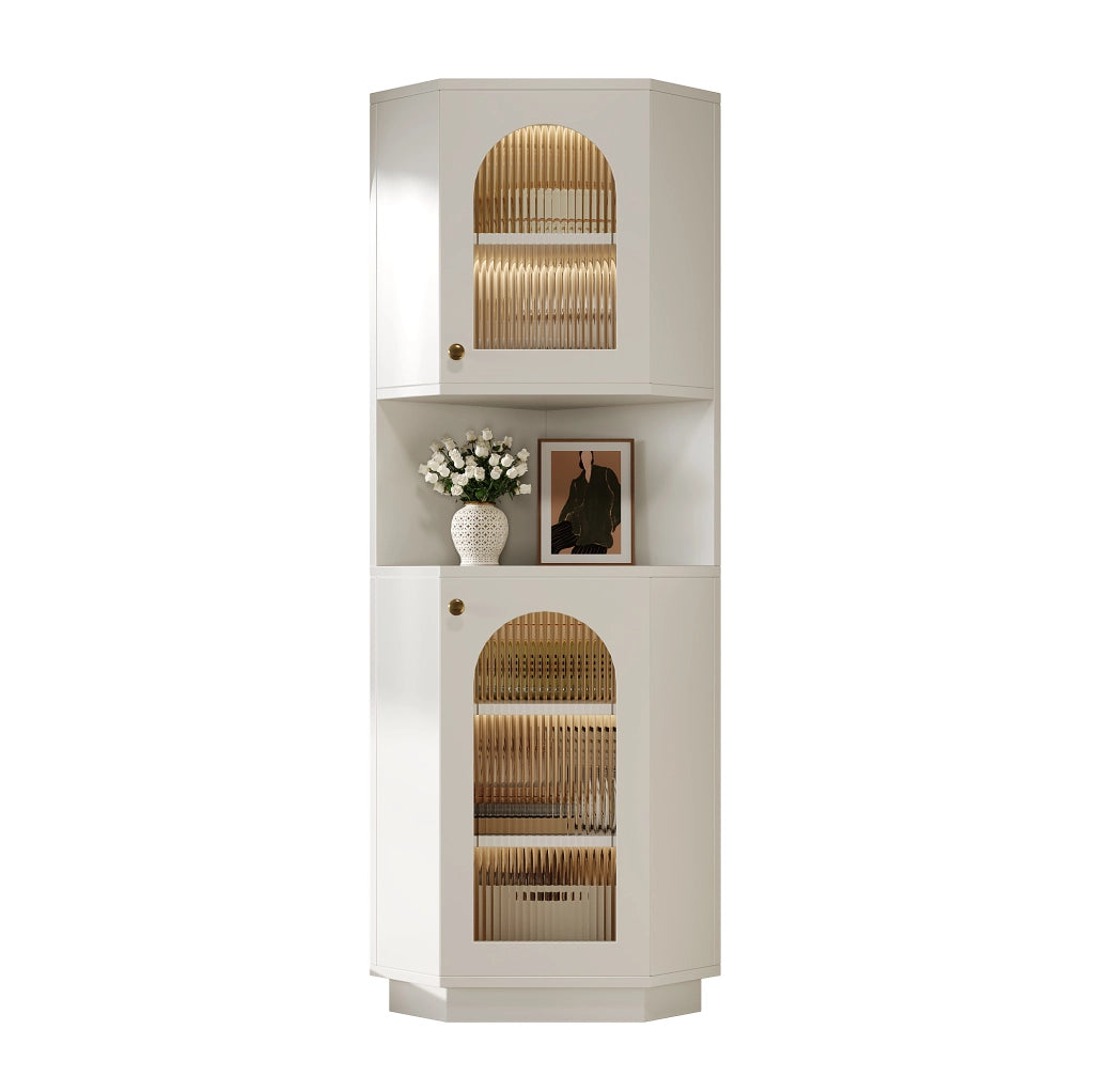 Armadietto ad angolo con luce interna e ripiani aperti in MDF bianco