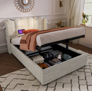 Letto contenitore 90x200 in lino beige con luce di lettura e USB