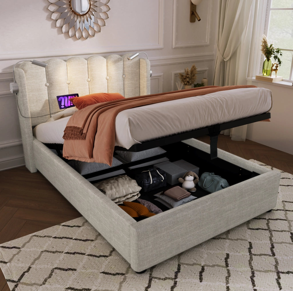 Letto contenitore 90x200 in lino beige con luce di lettura e USB