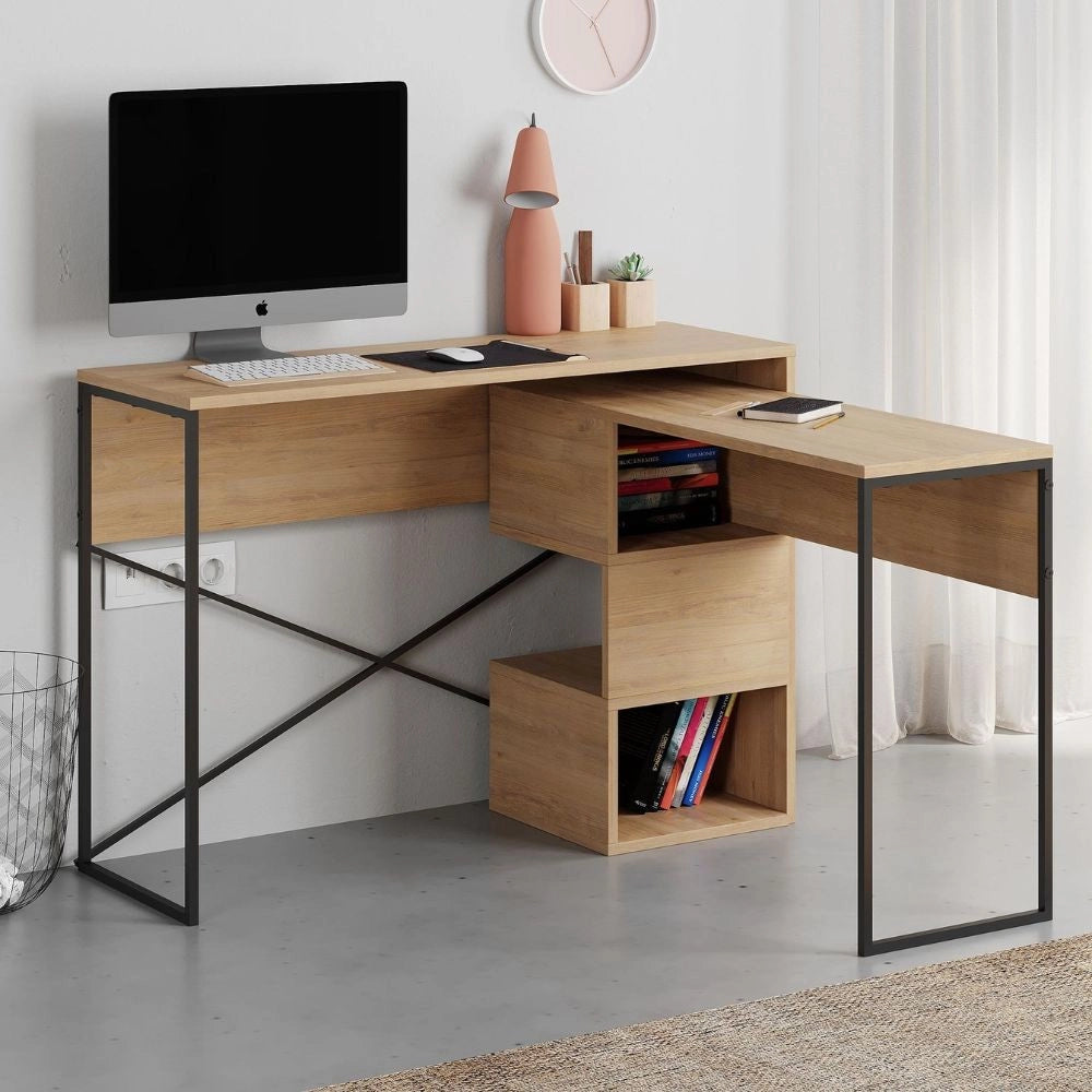 Scrivania espandibile Badau colore rovere e gambe in metallo nere 110x37.2x77 cm.