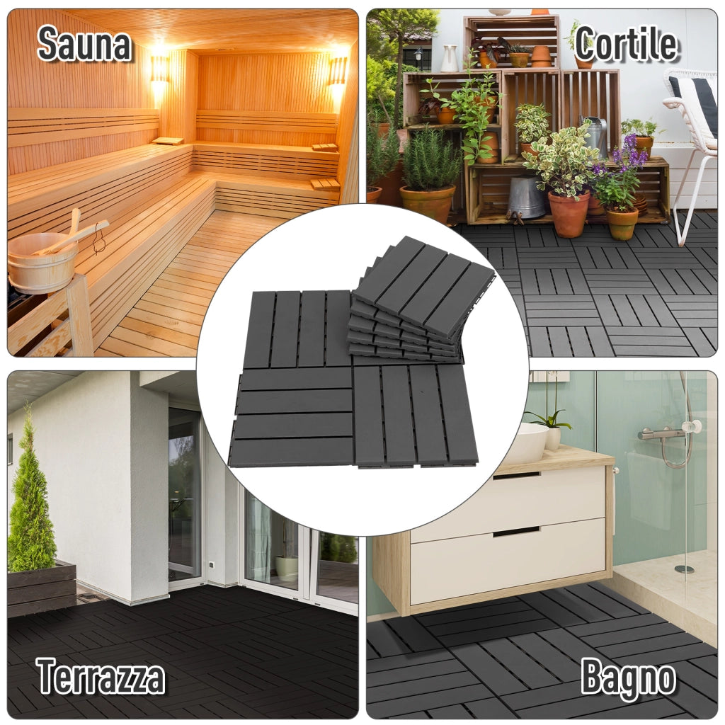 EasyComfort Set 9 Mattonelle a Incastro per Terrazzo, Piastrelle per Pavimenti, Piastrelle per Esterno in PP Antiscivolo, Area: 0.81 mq, 30x30x2cm, Nero
