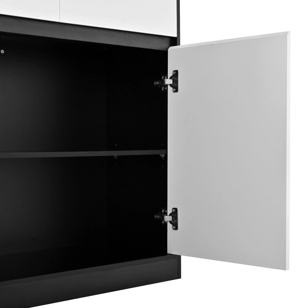 Credenza alta con LED e vetrina, ripiani aperti, vani chiusi e portabottiglie per soggiorno e sala da pranzo, in MDF, nero e bianco, 120 × 35 × 180 cm