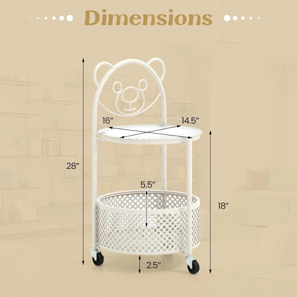 Tavolino Rotondo a 2 Livelli, 71 cm, Mobile con Piano in Vetro Temperato, Cestino Portaoggetti in Metallo, 3 Ruote, Design Carino, Adatto per Soggiorno, Ufficio, Camera daLetto, 2 Colori