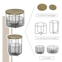 Set di 2 Tavolini da Giardino in Metallo con Ceste, Arredamento da Esterno Stile Industriale Nero