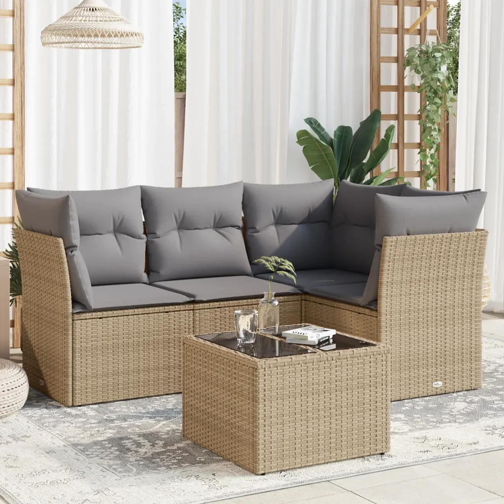 Set Divano da Giardino 5 pz con Cuscini-Sofa da Giardino-Divanetto da esterno Beige in Polyrattan 483472