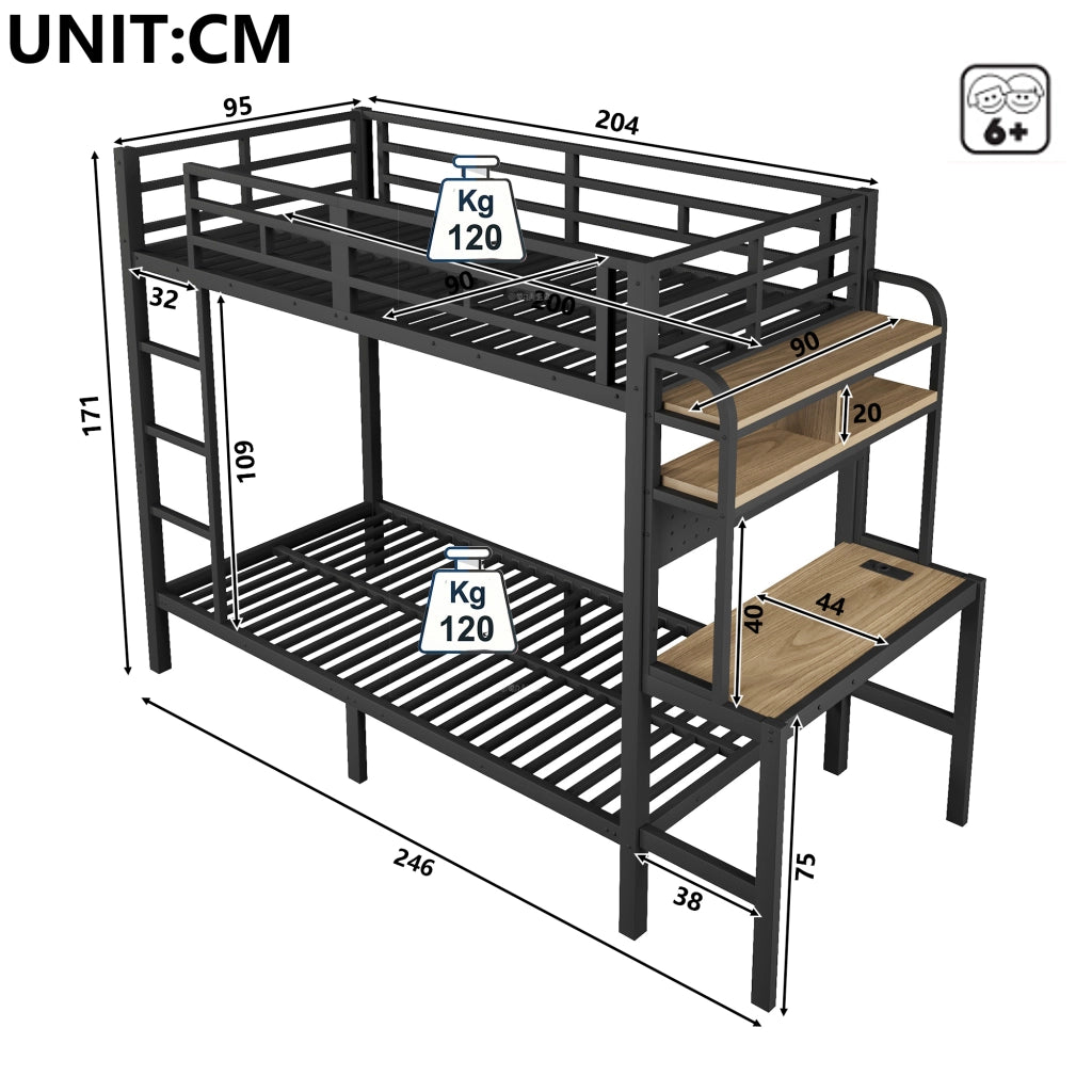 Letto a castello 90 × 200 cm con scrivania, ripiani, LED e USB, con barriera di sicurezza, senza materasso, nero