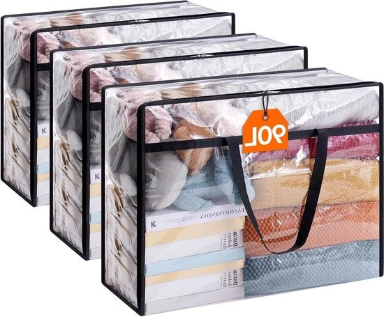 Set di contenitori trasparenti 90L PVC - Sacca per abbigliamento pieghevole con coperta di letto pieghevole - Maniglie - Set da 3 - Trasportare abbigliamento coperte giocattoli libri