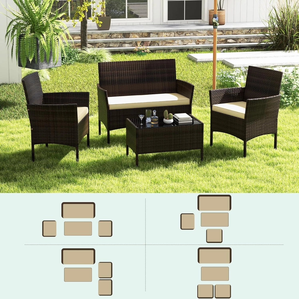 Soggiorno da giardino esterno per 4 persone in rattan PE, cuscini imbottiti, set da divano a 2 posti, 2 poltrone e tavolino in vetro temperato, mobili da terrazza per patio, balcone (marrone)