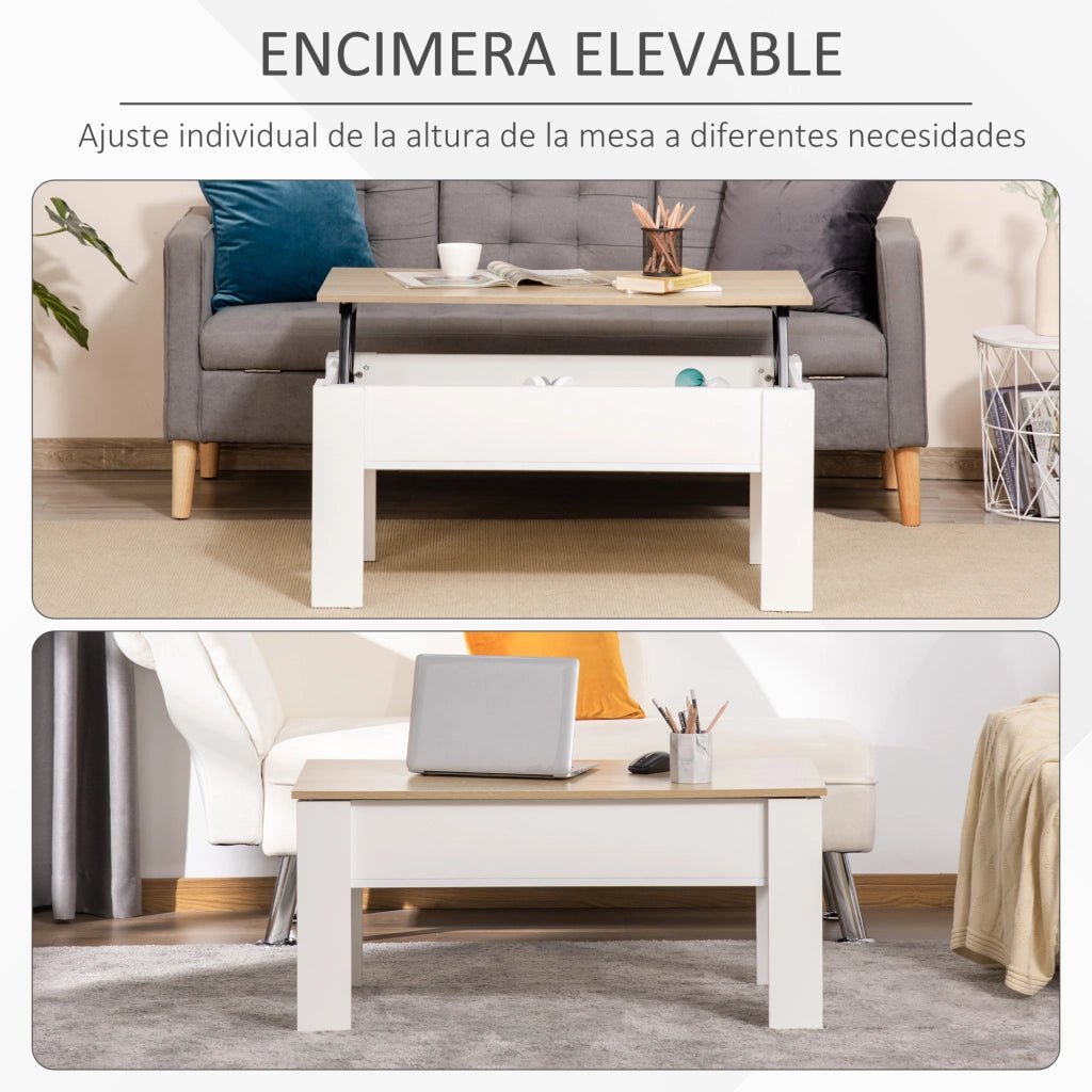 Tavolino da caff¨¨ elevabile con piano elevabile e spazio di stoccaggio nascosto ¨C Minimal ¨C 100x50x45-58,5 cm bianco e naturale
