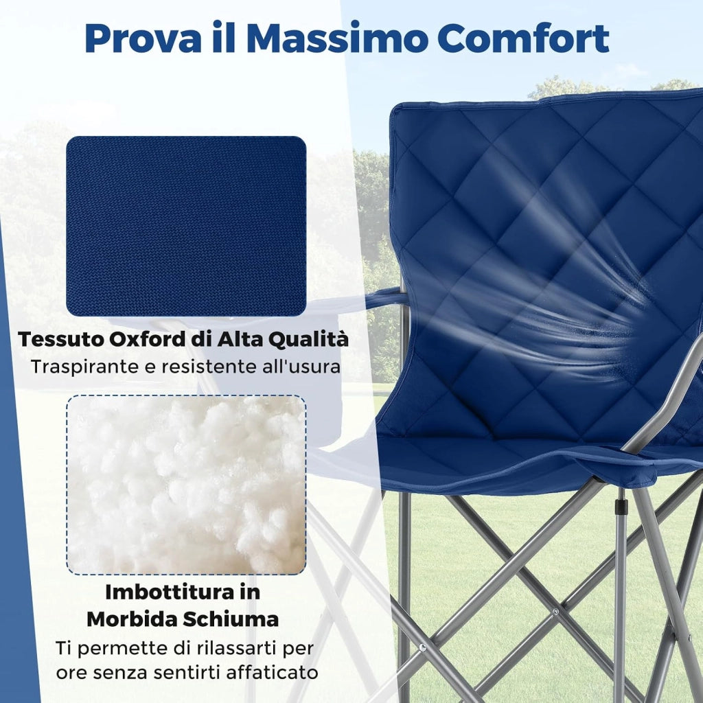 Sedia da Campeggio Pieghevole, Poltrona Esterni con Tasca Frigorifero e Portabicchieri, Sedia da Picnic con Borsa da Trasporto, Portata 227 kg, per Campeggio Pesca Picnic (Blu)
