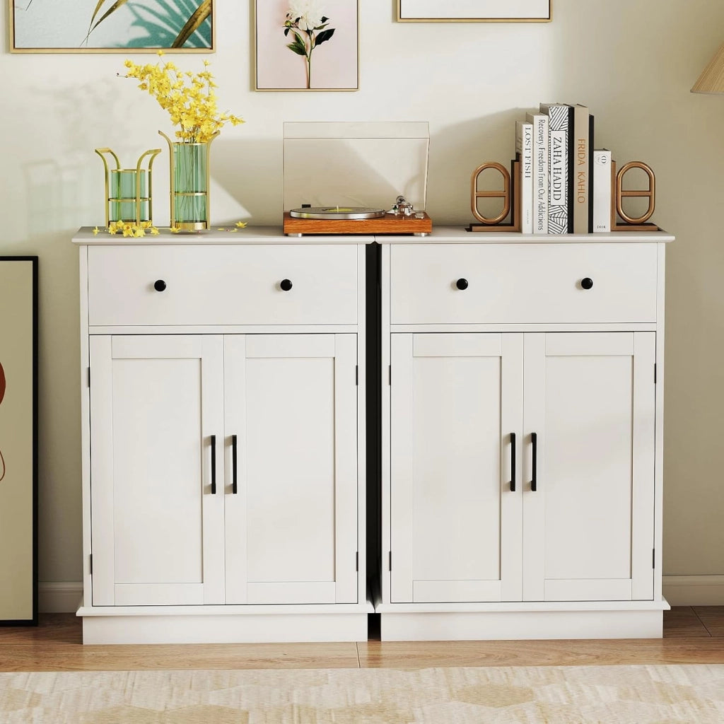 Armadietto da Terra 56 x 30 x 80 cm, Mobile da Bagno con Ante, Cassetto e Ripiano Regolabile, Mobiletto Salvaspazio per Soggiorno, Cucina e Sala da Pranzo (Bianco)