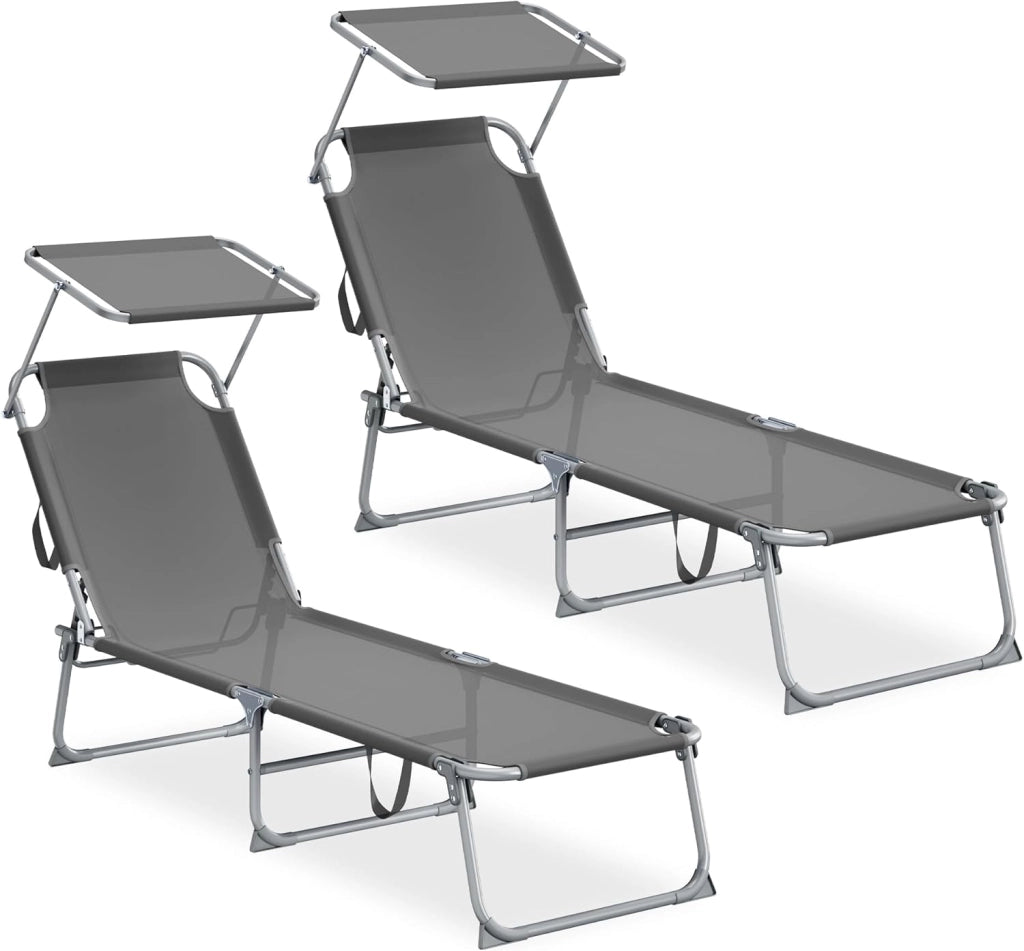 SONGMICS Sedie a Sdraio Pieghevoli, 189 x 53 x 28,5 cm, Lettini Prendisole, Portata 110 kg Ciascuno, Parasole e Schienale Regolabili, per Terrazza e Balcone, Set da 2, Grigio GCB294GZ02