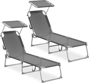 SONGMICS Sedie a Sdraio Pieghevoli, 189 x 53 x 28,5 cm, Lettini Prendisole, Portata 110 kg Ciascuno, Parasole e Schienale Regolabili, per Terrazza e Balcone, Set da 2, Grigio GCB294GZ02