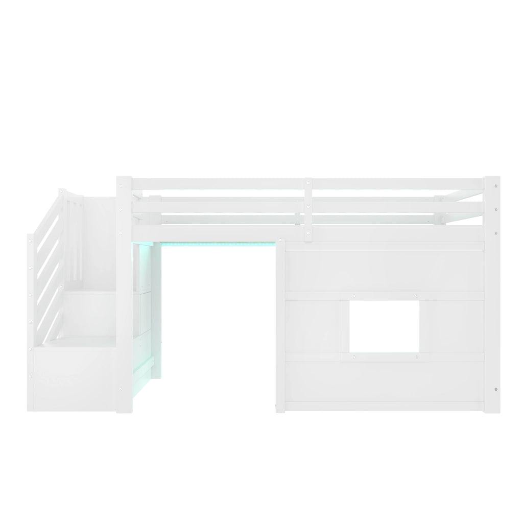 Letto a castello bianco con funzione contenitore scala e finestra in mdf pino compensato 90x200 cm
