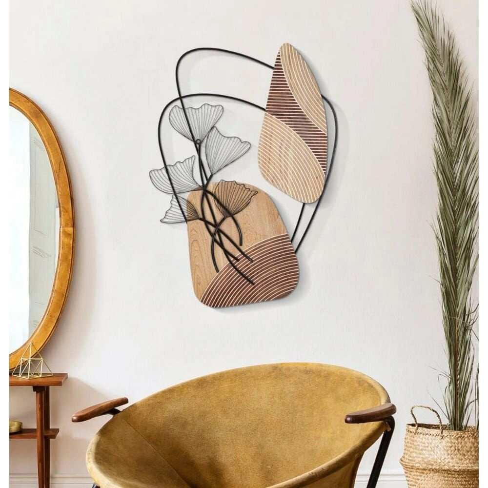 Pannello Decorativo 3D da Parete in Metallo e Legno con Foglie - TALI