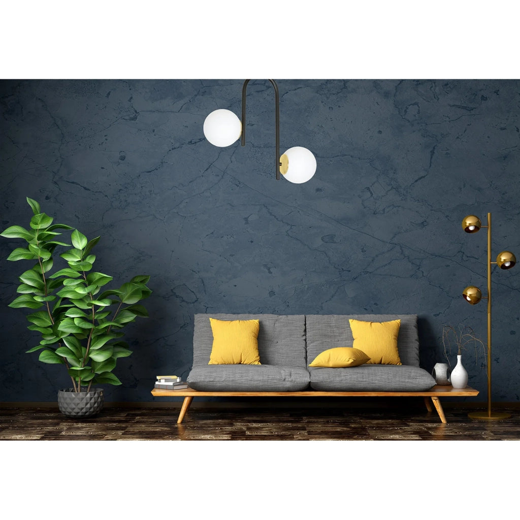 Lampadario 2 Luci Kalf In Acciaio Nero A Bracci E Sfere In Vetro Opalino E Oro