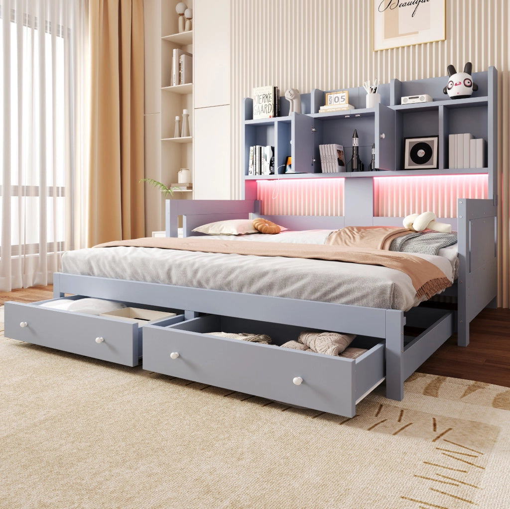 Divano letto estraibile 90x190 cm con cassetti, LED e prese